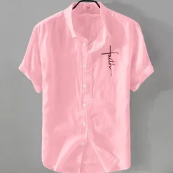 Men's Linen Shirt Casual Shirt Cotton Linen Shirt Button Up Shirt Pattern Vacation Street Black White Pink Dark Navy Short Sleeve Lapel Summer Clothing Apparel Button-Down