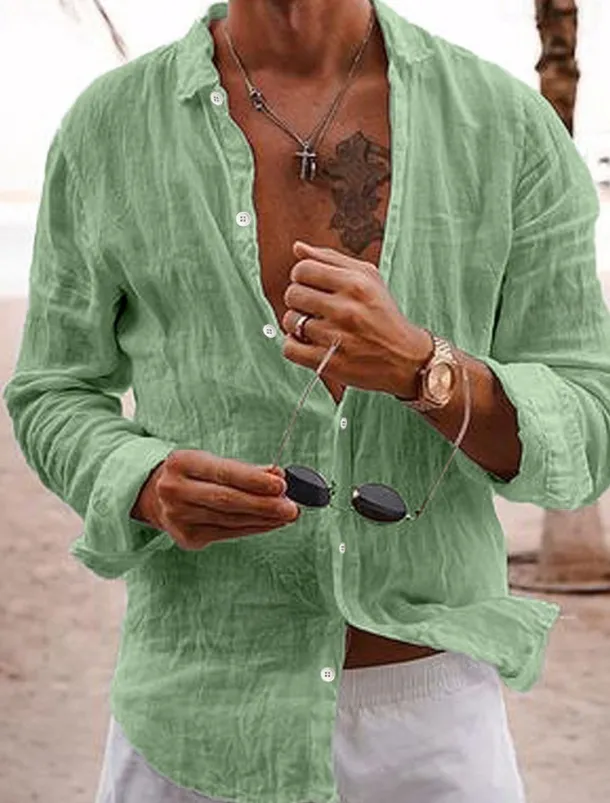 Men's Linen Shirt Casual Shirt Beach Shirt Button Up Shirt Untucked Shirts Plain Vacation Curise Black White Pink Navy Blue Long Sleeve Lapel Spring & Summer Clothing Apparel Basic