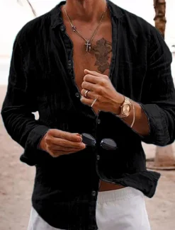 Men's Linen Shirt Casual Shirt Beach Shirt Button Up Shirt Untucked Shirts Plain Vacation Curise Black White Pink Navy Blue Long Sleeve Lapel Spring & Summer Clothing Apparel Basic