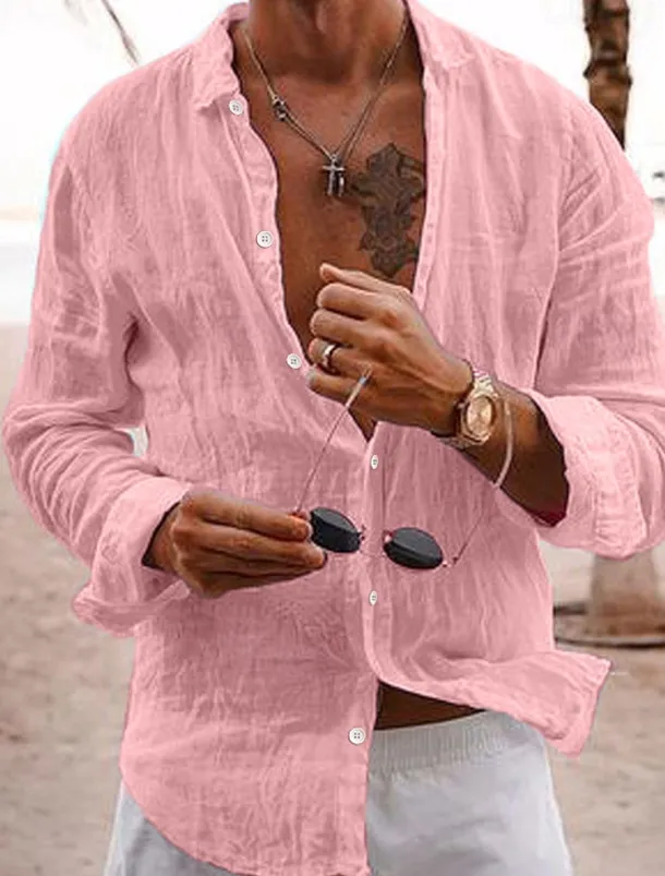 Men's Linen Shirt Casual Shirt Beach Shirt Button Up Shirt Untucked Shirts Plain Vacation Curise Black White Pink Navy Blue Long Sleeve Lapel Spring & Summer Clothing Apparel Basic