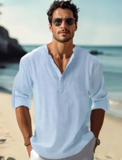 Men's Linen Shirt Casual Shirt Beach Shirt Henley Shirt Plain Hawaiian Holiday Black White Pink Wine Long Sleeve Henley Spring & Summer Clothing Apparel