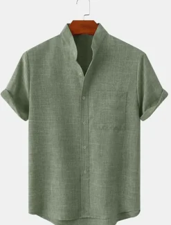 Men's Linen Shirt Casual Shirt Henley Shirt Plain Hawaiian Holiday Black White Yellow Pink Short Sleeve Henley Spring & Summer Clothing Apparel Front Pocket