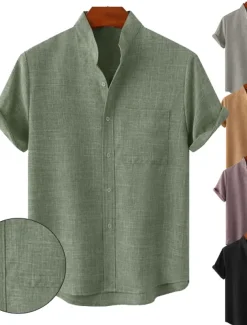 Men's Linen Shirt Casual Shirt Henley Shirt Plain Hawaiian Holiday Black White Yellow Pink Short Sleeve Henley Spring & Summer Clothing Apparel Front Pocket