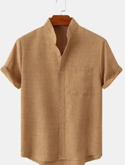 Men's Linen Shirt Casual Shirt Henley Shirt Plain Hawaiian Holiday Black White Yellow Pink Short Sleeve Henley Spring & Summer Clothing Apparel Front Pocket