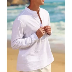 Men's Linen Shirt Chinese Collar Shirt Mandarin Collar Shirt Summer Shirt Beach Shirt Plain Vacation Hawaiian White Pink Blue Green Long Sleeve Stand Collar Spring & Summer Clothing Apparel Basic