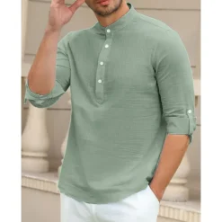 Men's Linen Shirt Chinese Collar Shirt Mandarin Collar Shirt Summer Shirt Beach Shirt Plain Vacation Hawaiian White Pink Blue Green Long Sleeve Stand Collar Spring & Summer Clothing Apparel Basic