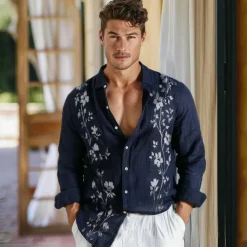 Men's Linen Shirt Cotton Linen Shirt Navy Blue Long Sleeve Floral Turndown Spring & Fall Outdoor Causal Clothing Apparel Button