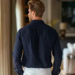 Men's Linen Shirt Cotton Linen Shirt Navy Blue Long Sleeve Floral Turndown Spring & Fall Outdoor Causal Clothing Apparel Button