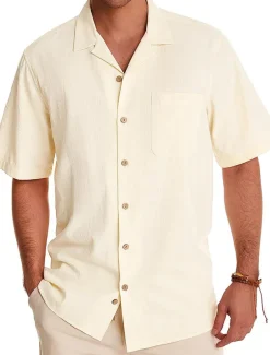 Men's Linen Shirt Cotton Linen Shirt White Cotton Shirt Summer Shirt Beach Shirt Camp Collar Shirt Plain Vacation Hawaiian Black White Green Dark Blue Short Sleeve Lapel Spring & Summer Clothing