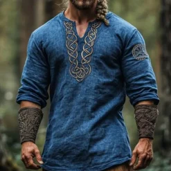 Men's Linen Shirt Popover Shirt Summer Shirt Henley Shirt Vintage Shirt Short Sleeve Shirt Boho Vacation Street Dark Blue Half Sleeve V Neck Summer Spring Clothing Apparel Ethnic