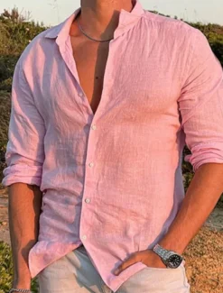 Men's Linen Shirt Solid Color Turndown Street Casual Button-Down Long Sleeve Tops Casual Fashion Breathable Comfortable Pink