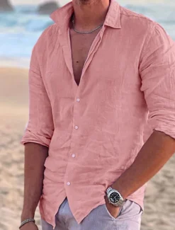 Men's Linen Shirt Solid Color Turndown Street Casual Button-Down Long Sleeve Tops Casual Fashion Breathable Comfortable Pink