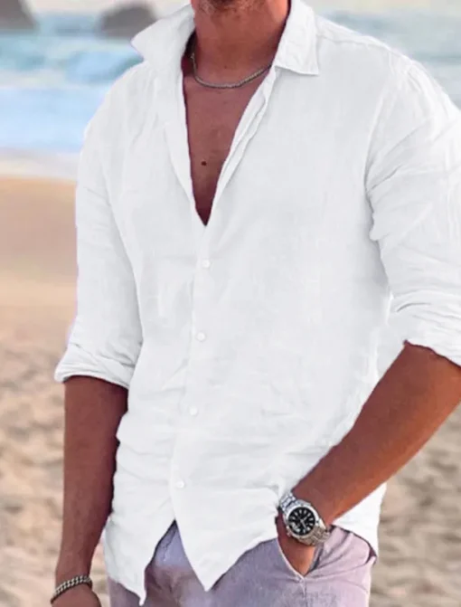 Men's Linen Shirt Solid Color Turndown Street Casual Button-Down Long Sleeve Tops Casual Fashion Breathable Comfortable Pink