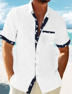 Men's Linen Shirt Summer Shirt Beach Wear Button Up Shirt Striped Vacation Curise White Blue Green Khaki Short Sleeve Lapel Spring & Summer Clothing Apparel Basic