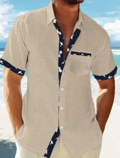Men's Linen Shirt Summer Shirt Beach Wear Button Up Shirt Striped Vacation Curise White Blue Green Khaki Short Sleeve Lapel Spring & Summer Clothing Apparel Basic