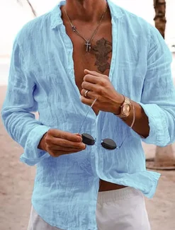 Men's Linen Shirt Summer Shirt Casual Shirt Beach Shirt Plain Hawaiian Holiday Black White Pink Navy Blue Long Sleeve Lapel Spring & Summer Clothing Apparel Basic