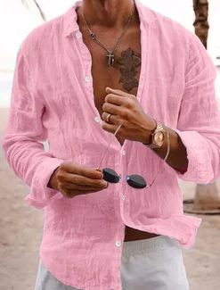 Men's Linen Shirt Summer Shirt Casual Shirt Beach Shirt Plain Hawaiian Holiday Black White Pink Navy Blue Long Sleeve Lapel Spring & Summer Clothing Apparel Basic