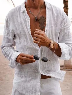 Men's Linen Shirt Summer Shirt Casual Shirt Beach Shirt Plain Hawaiian Holiday Black White Pink Navy Blue Long Sleeve Lapel Spring & Summer Clothing Apparel Basic