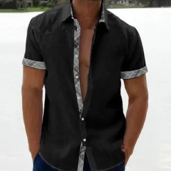 Men's Linen Shirt Summer Shirt Beach Shirt Black White Pink Short Sleeve Plain Lapel Spring & Summer Hawaiian Holiday Clothing Apparel Pocket