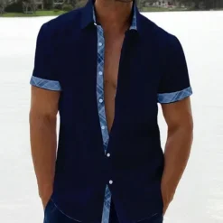 Men's Linen Shirt Summer Shirt Beach Shirt Black White Pink Short Sleeve Plain Lapel Spring & Summer Hawaiian Holiday Clothing Apparel Pocket