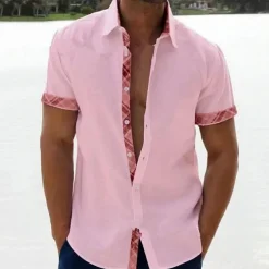 Men's Linen Shirt Summer Shirt Beach Shirt Black White Pink Short Sleeve Plain Lapel Spring & Summer Hawaiian Holiday Clothing Apparel Pocket