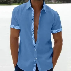 Men's Linen Shirt Summer Shirt Beach Shirt Black White Pink Short Sleeve Plain Lapel Spring & Summer Hawaiian Holiday Clothing Apparel Pocket