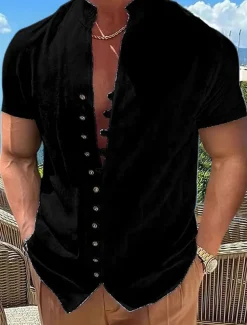 Men's Linen Shirt Summer Shirt Beach Wear Button Up Shirt Plain Vacation Curise Black White Pink Blue Short Sleeve Stand Collar Spring & Summer Clothing Apparel Basic