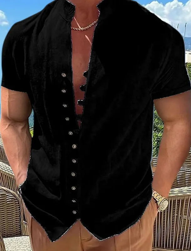 Men's Linen Shirt Summer Shirt Beach Wear Button Up Shirt Plain Vacation Curise Black White Pink Blue Short Sleeve Stand Collar Spring & Summer Clothing Apparel Basic