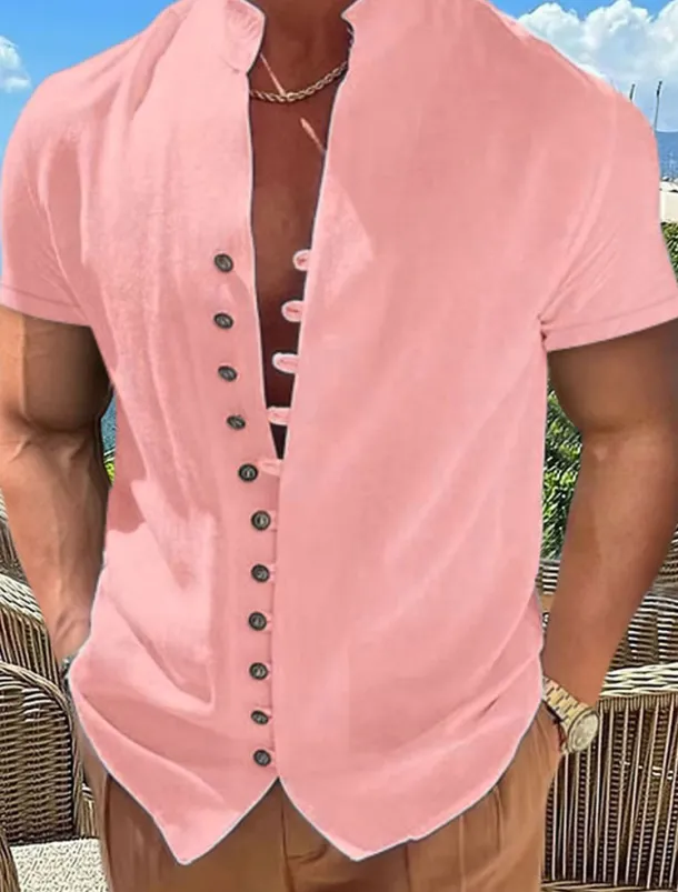 Men's Linen Shirt Summer Shirt Beach Wear Button Up Shirt Plain Vacation Curise Black White Pink Blue Short Sleeve Stand Collar Spring & Summer Clothing Apparel Basic