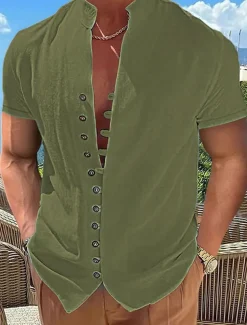 Men's Linen Shirt Summer Shirt Beach Wear Button Up Shirt Plain Vacation Curise Black White Pink Blue Short Sleeve Stand Collar Spring & Summer Clothing Apparel Basic