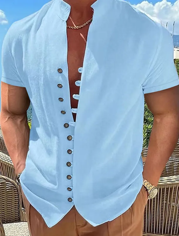 Men's Linen Shirt Summer Shirt Beach Wear Button Up Shirt Plain Vacation Curise Black White Pink Blue Short Sleeve Stand Collar Spring & Summer Clothing Apparel Basic