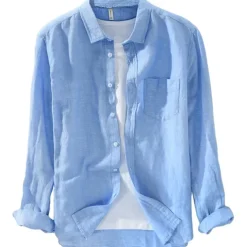 Men's Linen Shirt Summer Shirt Beach Shirt White Red Blue Long Sleeve Plain Turndown Spring & Summer Casual Daily Clothing Apparel Front Pocket