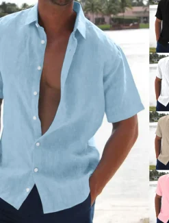 Men's Linen Shirt Summer Shirt Beach Shirt Solid Color Hawaiian Holiday Black White Pink Blue Short Sleeve Turndown Summer Clothing Apparel Button-Down