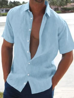 Men's Linen Shirt Summer Shirt Beach Shirt Solid Color Hawaiian Holiday Black White Pink Blue Short Sleeve Turndown Summer Clothing Apparel Button-Down