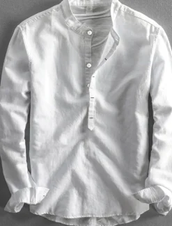 Men's Linen Shirt Summer Shirt Casual Shirt Henley Shirt Plain Casual Daily Black White Yellow Pink Long Sleeve Collar Spring & Summer Clothing Apparel