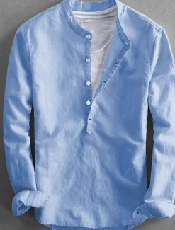 Men's Linen Shirt Summer Shirt Casual Shirt Henley Shirt Plain Casual Daily Black White Yellow Pink Long Sleeve Collar Spring & Summer Clothing Apparel