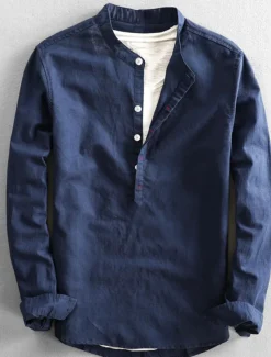 Men's Linen Shirt Summer Shirt Casual Shirt Henley Shirt Plain Casual Daily Black White Yellow Pink Long Sleeve Collar Spring & Summer Clothing Apparel