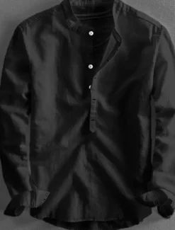 Men's Linen Shirt Summer Shirt Casual Shirt Henley Shirt Plain Casual Daily Black White Yellow Pink Long Sleeve Collar Spring & Summer Clothing Apparel