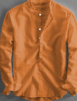 Men's Linen Shirt Summer Shirt Casual Shirt Henley Shirt Plain Casual Daily Black White Yellow Pink Long Sleeve Collar Spring & Summer Clothing Apparel