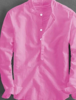 Men's Linen Shirt Summer Shirt Casual Shirt Henley Shirt Plain Casual Daily Black White Yellow Pink Long Sleeve Collar Spring & Summer Clothing Apparel