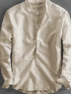 Men's Linen Shirt Summer Shirt Casual Shirt Henley Shirt Plain Casual Daily Black White Yellow Pink Long Sleeve Collar Spring & Summer Clothing Apparel