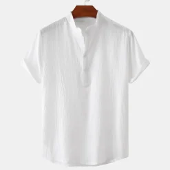 Men's Linen Shirt Summer Shirt Beach Shirt Black White Brown Short Sleeve Plain Standing Collar Summer Casual Holiday Clothing Apparel