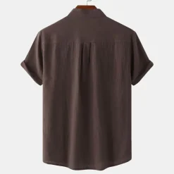 Men's Linen Shirt Summer Shirt Beach Shirt Black White Brown Short Sleeve Plain Standing Collar Summer Casual Holiday Clothing Apparel