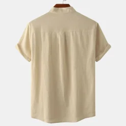 Men's Linen Shirt Summer Shirt Beach Shirt Black White Brown Short Sleeve Plain Standing Collar Summer Casual Holiday Clothing Apparel
