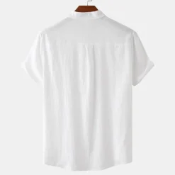 Men's Linen Shirt Summer Shirt Beach Shirt Black White Brown Short Sleeve Plain Standing Collar Summer Casual Holiday Clothing Apparel