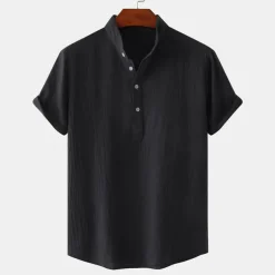 Men's Linen Shirt Summer Shirt Beach Shirt Black White Brown Short Sleeve Plain Standing Collar Summer Casual Holiday Clothing Apparel
