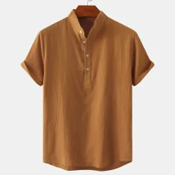 Men's Linen Shirt Summer Shirt Beach Shirt Black White Brown Short Sleeve Plain Standing Collar Summer Casual Holiday Clothing Apparel