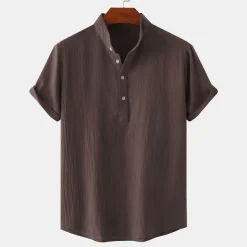 Men's Linen Shirt Summer Shirt Beach Shirt Black White Brown Short Sleeve Plain Standing Collar Summer Casual Holiday Clothing Apparel