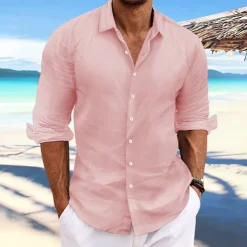 Men's Linen Shirt Summer Shirt Beach Wear Casual Shirt Button Up Shirt Plain Casual Daily Light Yellow White Pink Dark Navy Long Sleeve Spring & Summer Clothing Apparel