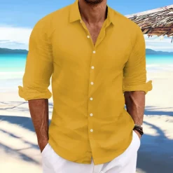 Men's Linen Shirt Summer Shirt Beach Wear Casual Shirt Button Up Shirt Plain Casual Daily Light Yellow White Pink Dark Navy Long Sleeve Spring & Summer Clothing Apparel